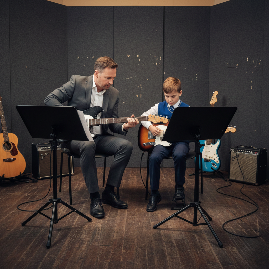 A man and a young boy, both playing electric guitars, in a music studio with acoustic panels. Guitars and amplifiers are visible around them.