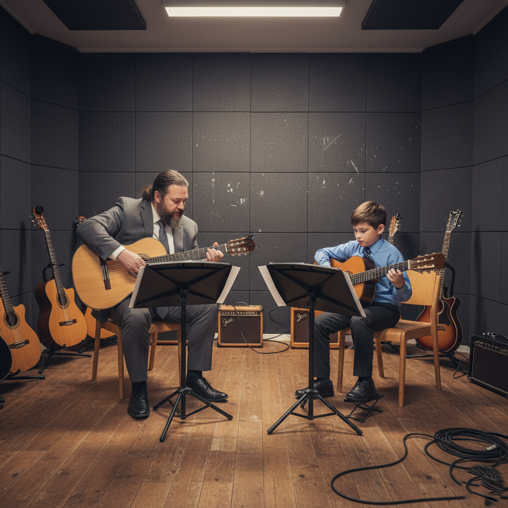 Man and boy playing acoustic guitars in a music studio with multiple guitars and amplifiers around them.