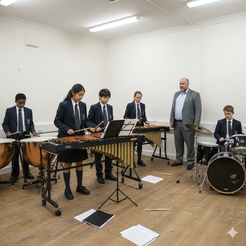 School band practicing with percussion instruments in a classroom, accompanied by a teacher in a gray suit.