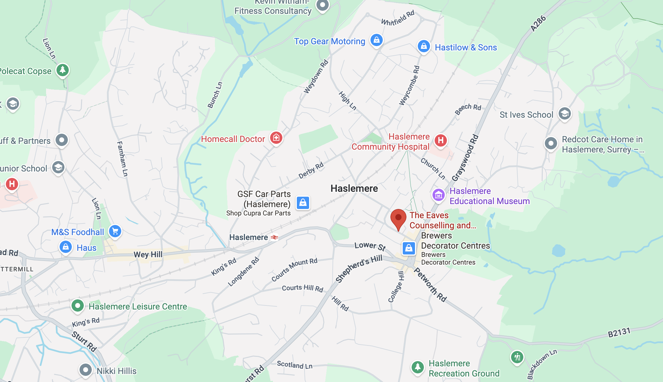 Map of Haslemere, Surrey showing local landmarks including homes, hospitals, schools, and parks.