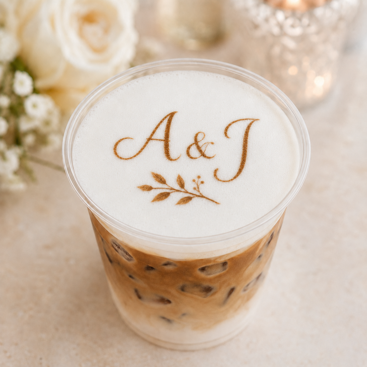 A and J wedding monogram printed on latte foam with a botanical accent.