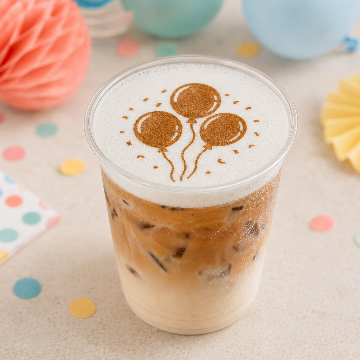 Party balloons and confetti printed on cold foam atop an iced vanilla latte.