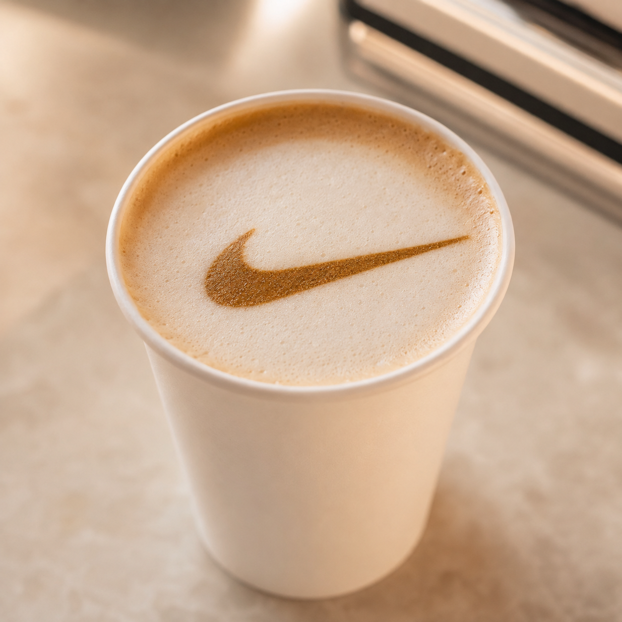 Nike swoosh printed on latte foam as an example of custom company logo latte art printing.