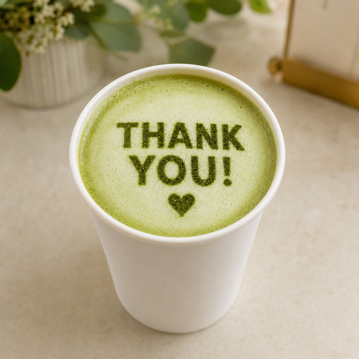 Thank you message and heart printed on the foam of a hot matcha latte.