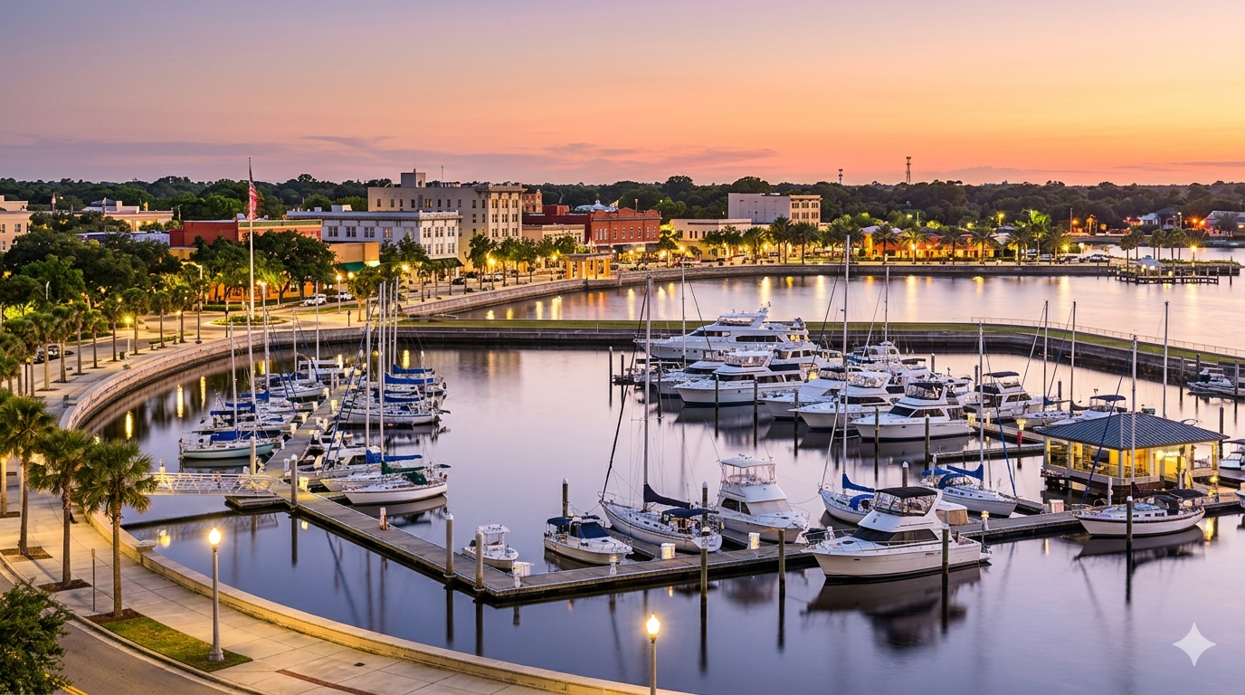 Lake Monroe marina at dusk with Historic Downtown in the background