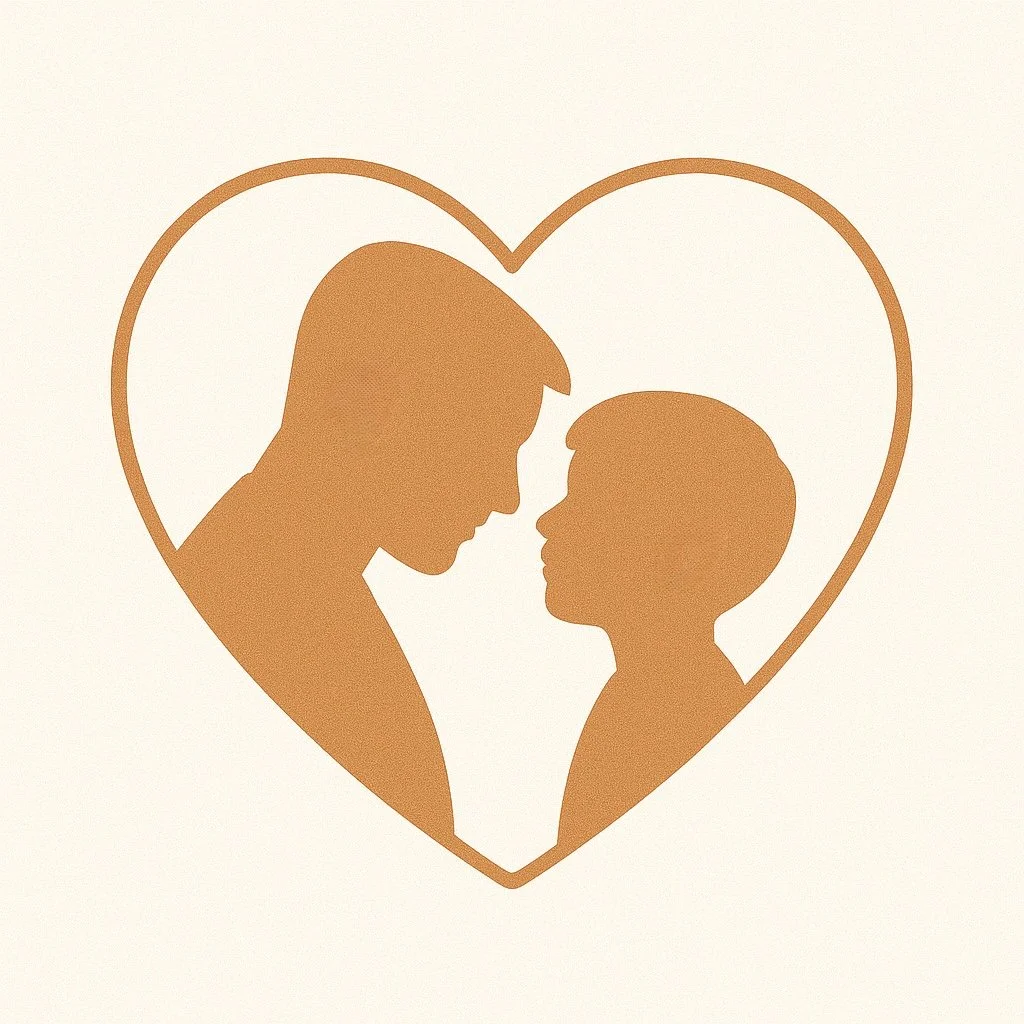 Silhouette of a man and a boy facing each other inside a heart outline.