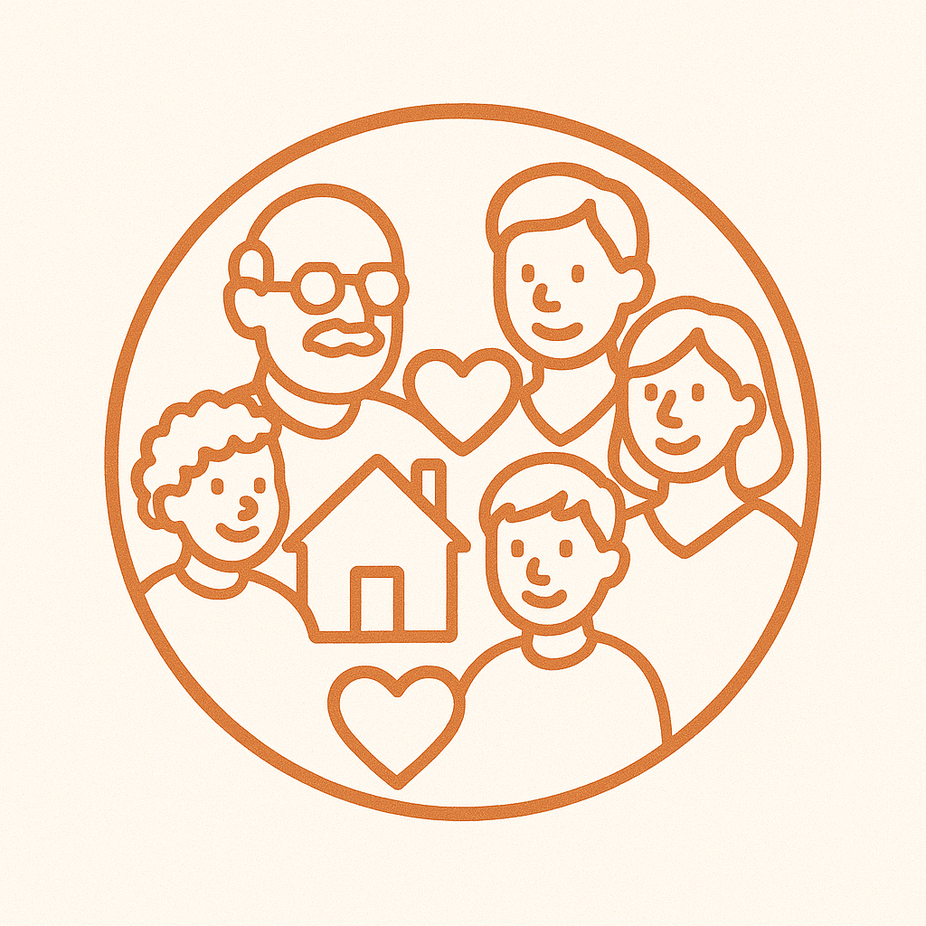 Line drawing of a diverse family circle with a house and hearts inside.