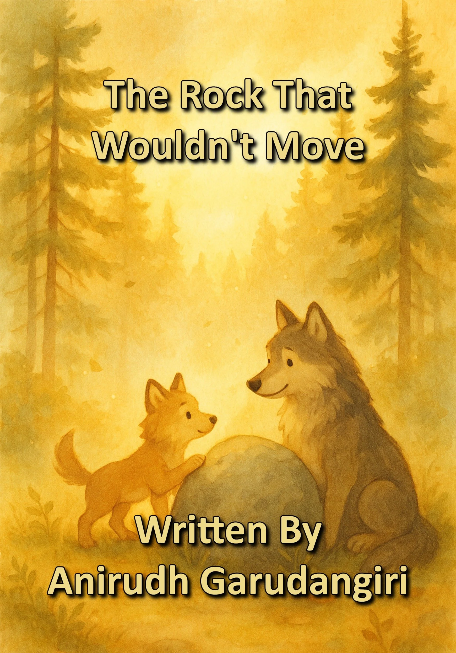 A book cover titled 'The Rock That Wouldn't Move' with an illustration of a cute puppy sitting next to a round rock in a forest.
