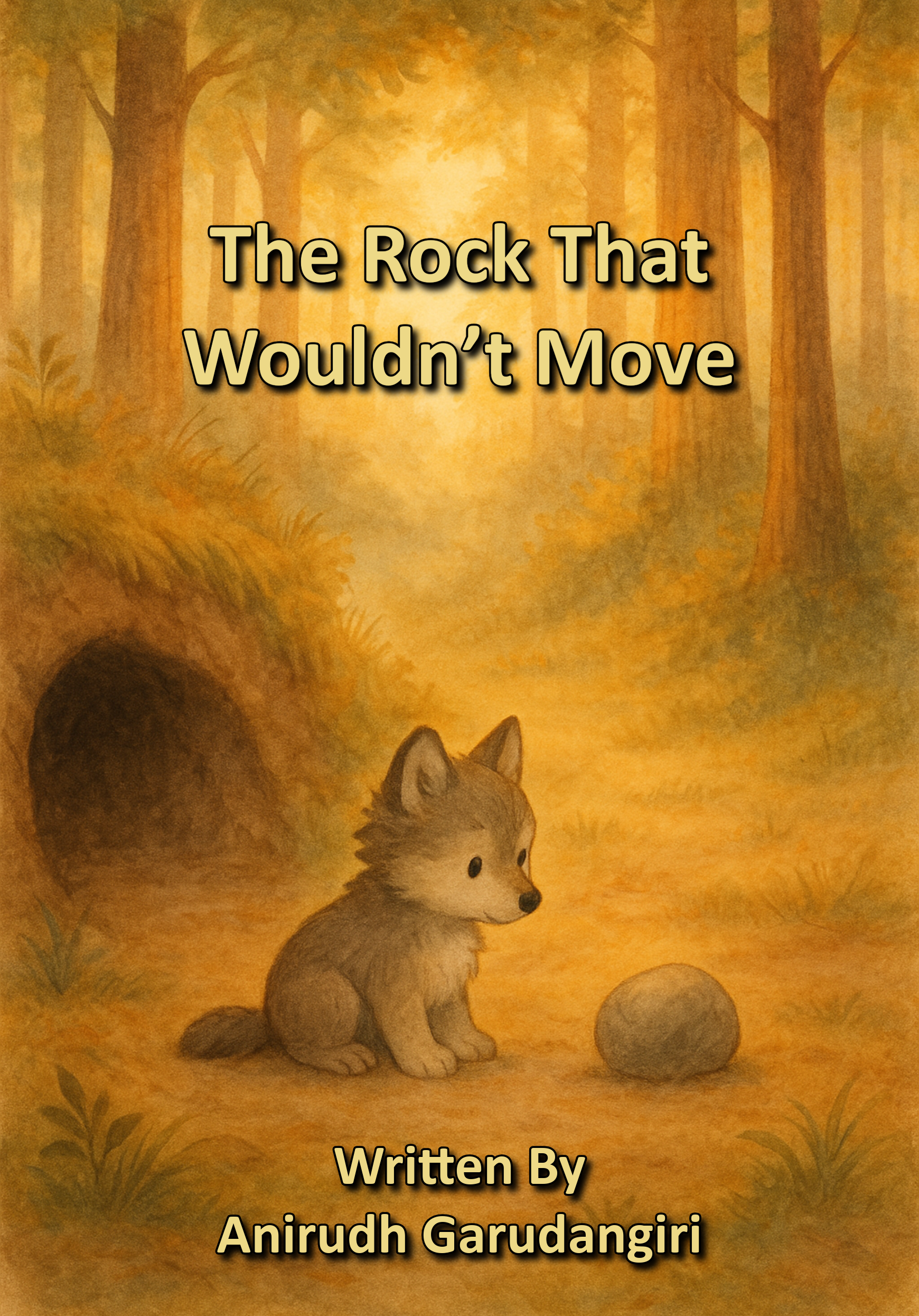 A book cover titled 'The Rock That Wouldn't Move' with an illustration of a cute puppy sitting next to a round rock in a forest.