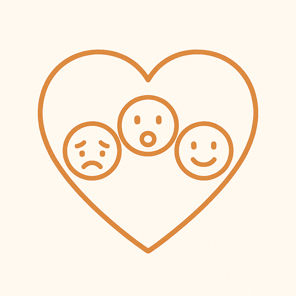 A drawing of a heart with three emoticons inside, showing sad, surprised, and happy faces.