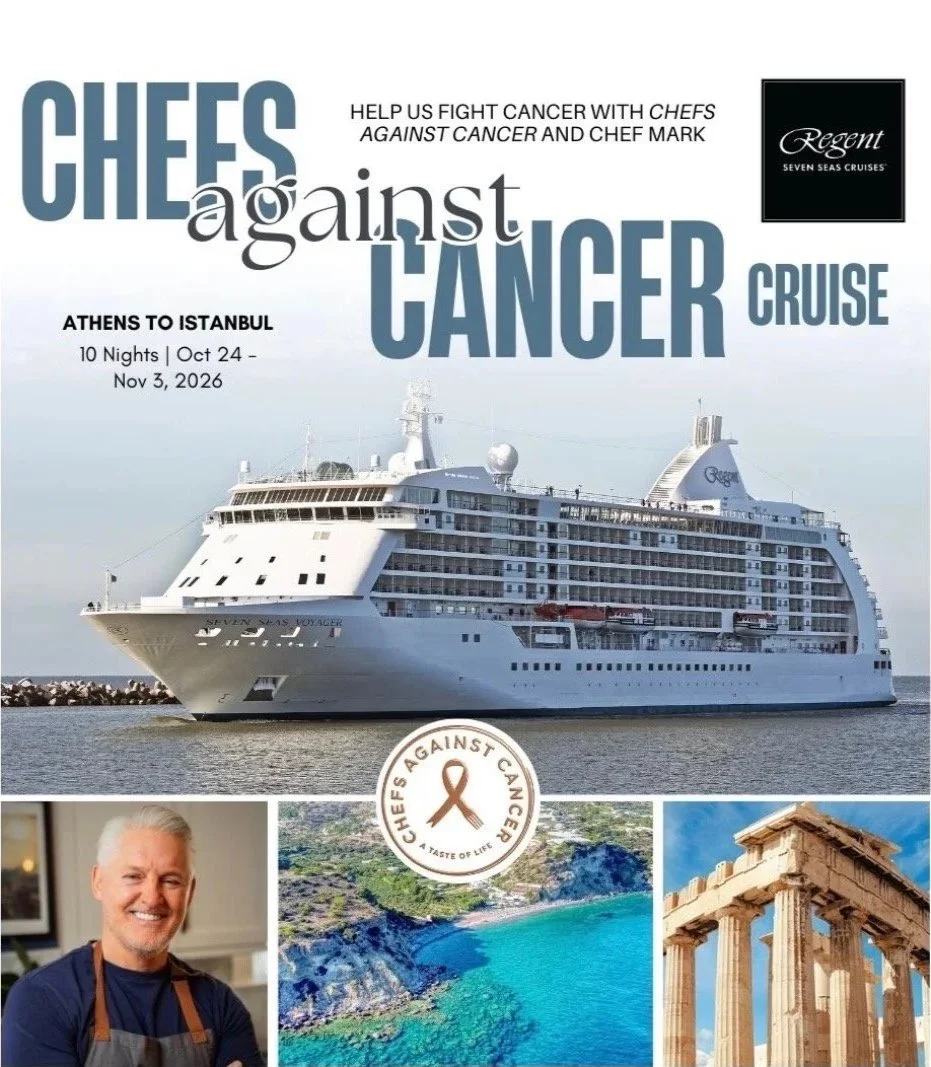 Poster promoting a cancer charity cruise from Athens to Istanbul on the Seven Seas Voyager cruise ship, October 24 to November 3, 2026. The poster includes a picture of the cruise ship, a smiling man with white hair, a coastal landscape, and ancient ruins.