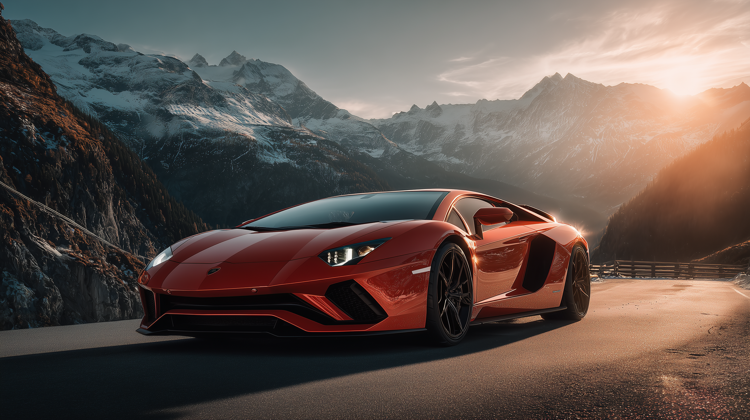 User Input: Lamborghini Aventador, red
------
AI Prompt: Red Lamborghini Aventador parked on a mountain pass, sharp aerodynamic lines glowing under sunlight, winding asphalt road with snowy peaks in the distance, golden hour tones casting long dr