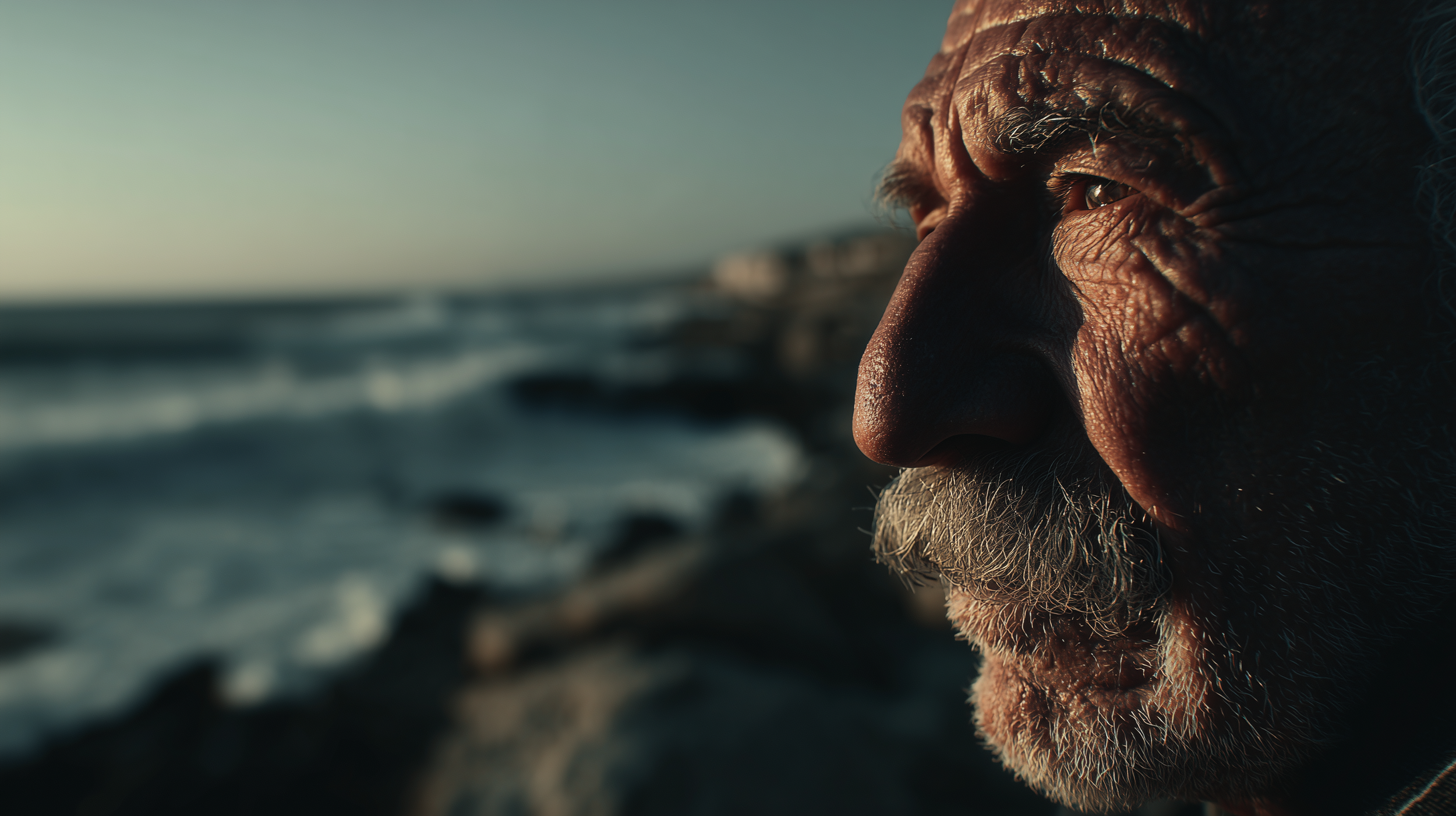 User Input:
old man by the sea
------
AI Prompt:
Weathered old man gazing at the horizon, his wrinkled face touched by years of salt and wind, endless waves crashing against a rocky shoreline, bathed in golden hour sunlight with dramatic shadows
