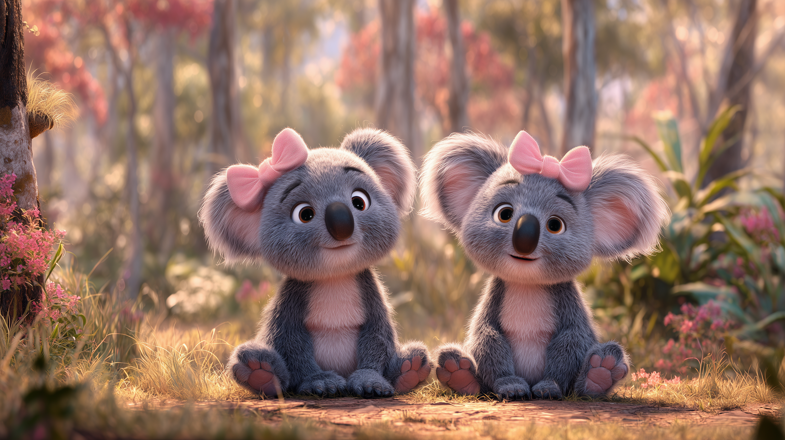 User Input:
two girl koala's with pink bows, pixar art
------
AI Prompt:
Adorable Pixar-style render, two girl koalas sitting side by side with matching pink bows, set in a cozy eucalyptus forest clearing with soft grass, warm afternoon sunlight