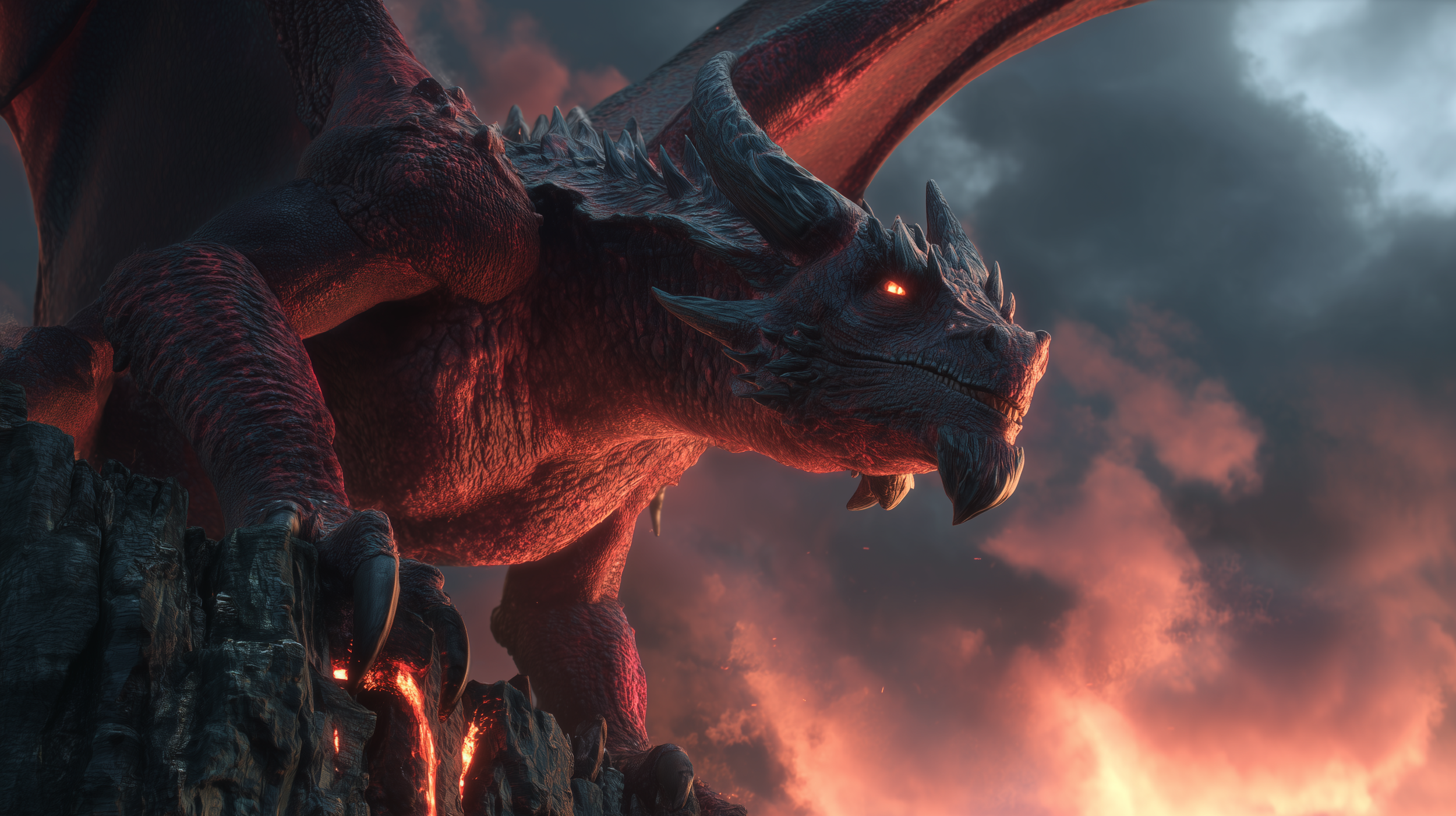User Input: red dragon looking over the edge of a cliff -----
AI Prompt: Towering fire-drake perched on volcanic cliffs, stocky four-limbed frame clad in molten red and black scales, glowing ember eyes and smoke curling from its nostrils, lava ri