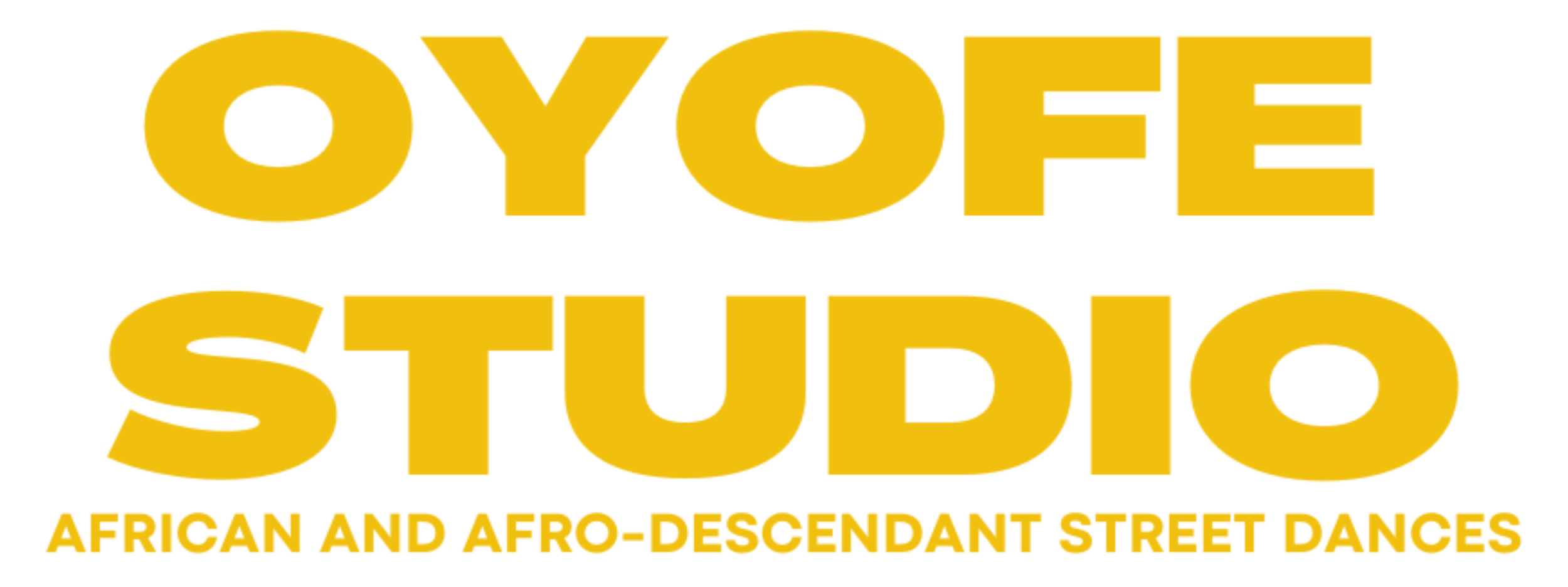 Logo for OYOFE Studio with yellow text saying 'OYOFE STUDIO' and smaller yellow text underneath stating 'African and Afro-descendant street dances' on a black background.