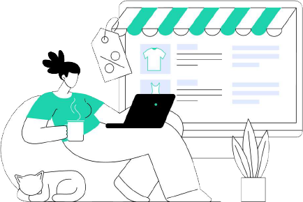 A woman wearing a face mask, sitting on a couch with a cat, shopping online on a laptop, with a large store screen showing clothing items and discounts in the background.