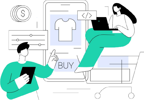Two people shopping online with digital devices, a large shopping website display showing a T-shirt and a buy button, and symbols representing money and coding.