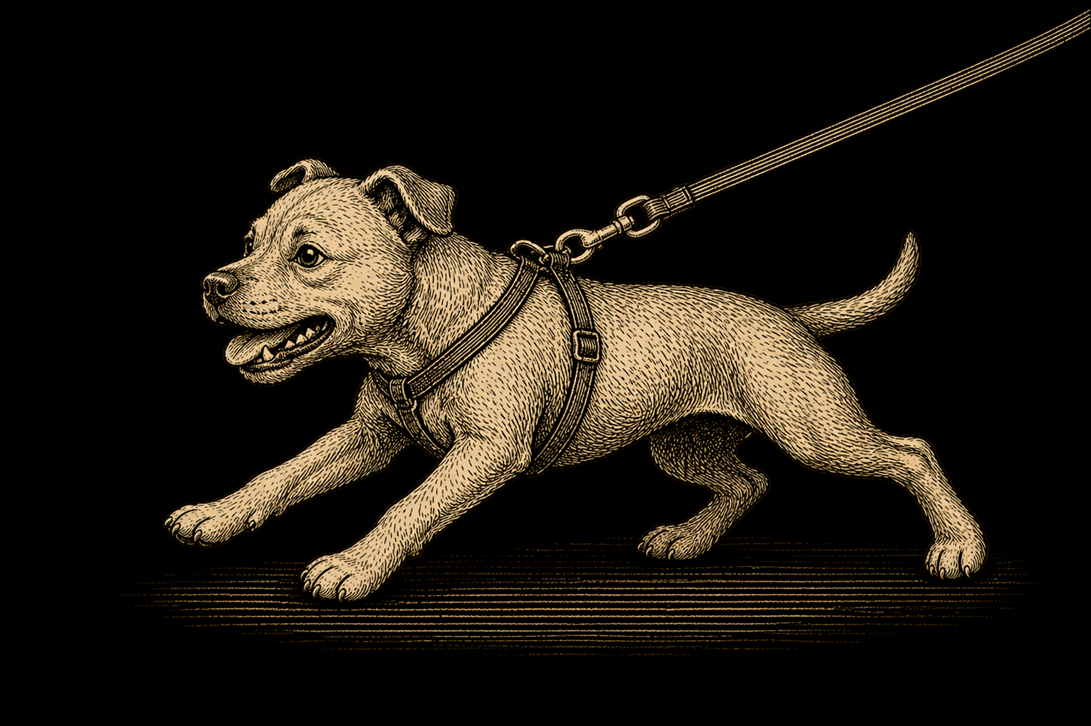 Illustrated dog pulling determinedly forward on a tight lead, vintage engraving style — Pupmeister on why teenage dogs pull worse than puppies