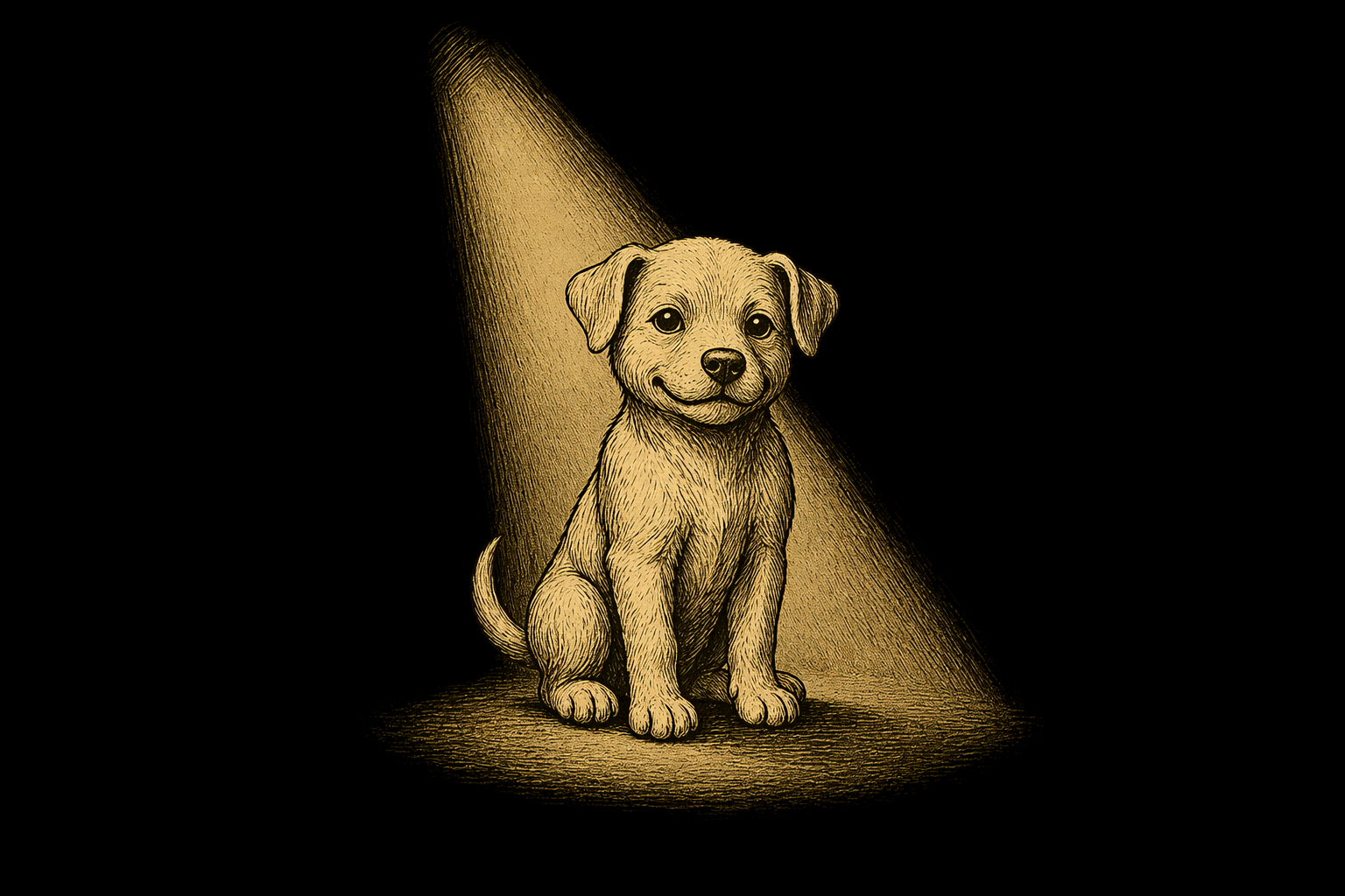 Illustrated puppy sitting in a spotlight, vintage engraving style — Pupmeister Staffordshire Bull Terrier breed spotlight.