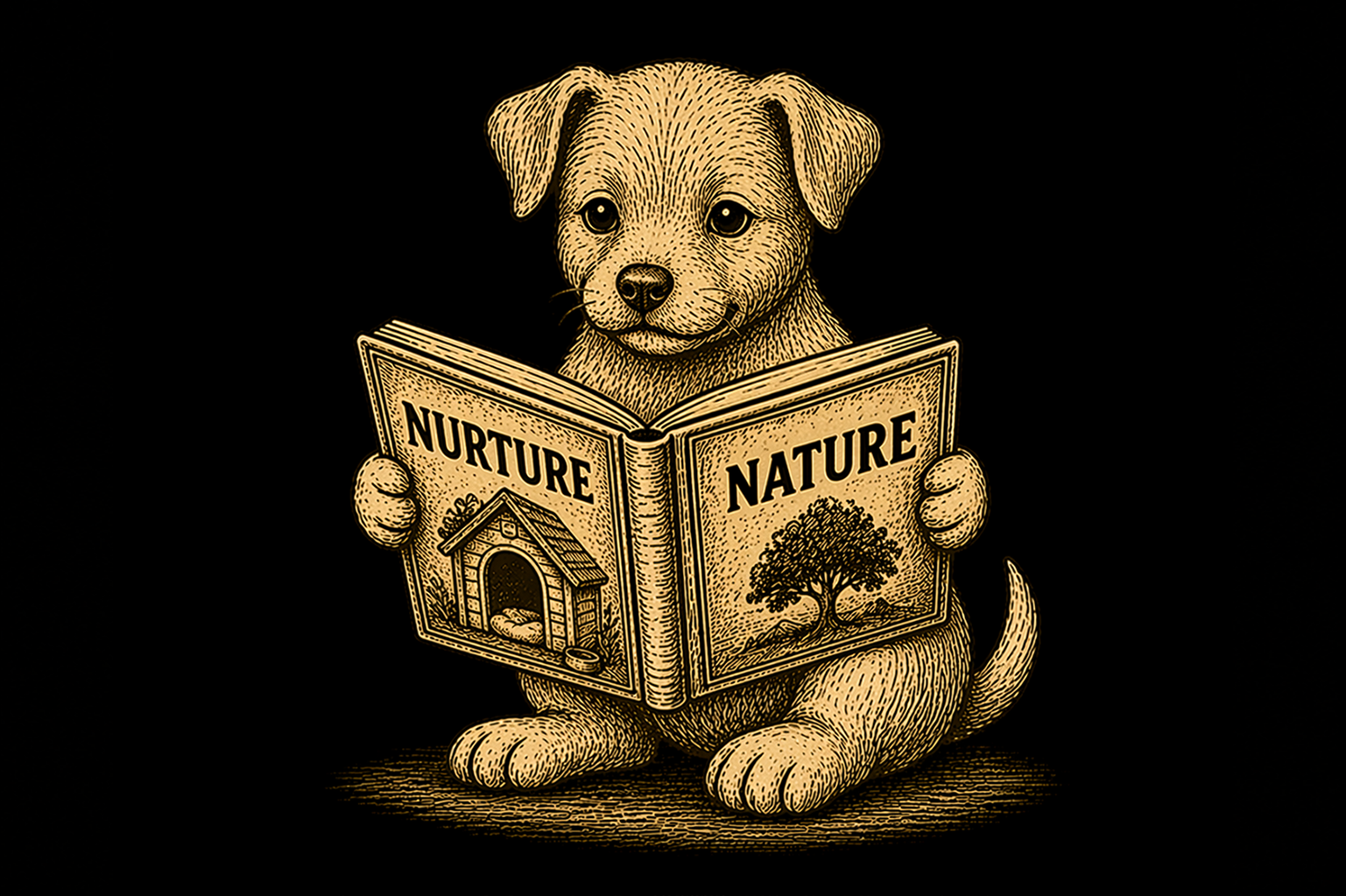 Illustrated puppy holding two books labelled 'Nature' and 'Nurture', vintage engraving style — Pupmeister on genetics versus training in dogs