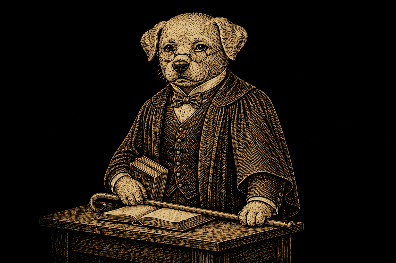 Illustrated dog in Victorian scholar's robes and spectacles, holding a book at a writing desk, vintage engraving style — Pupmeister on the correction timing myth.