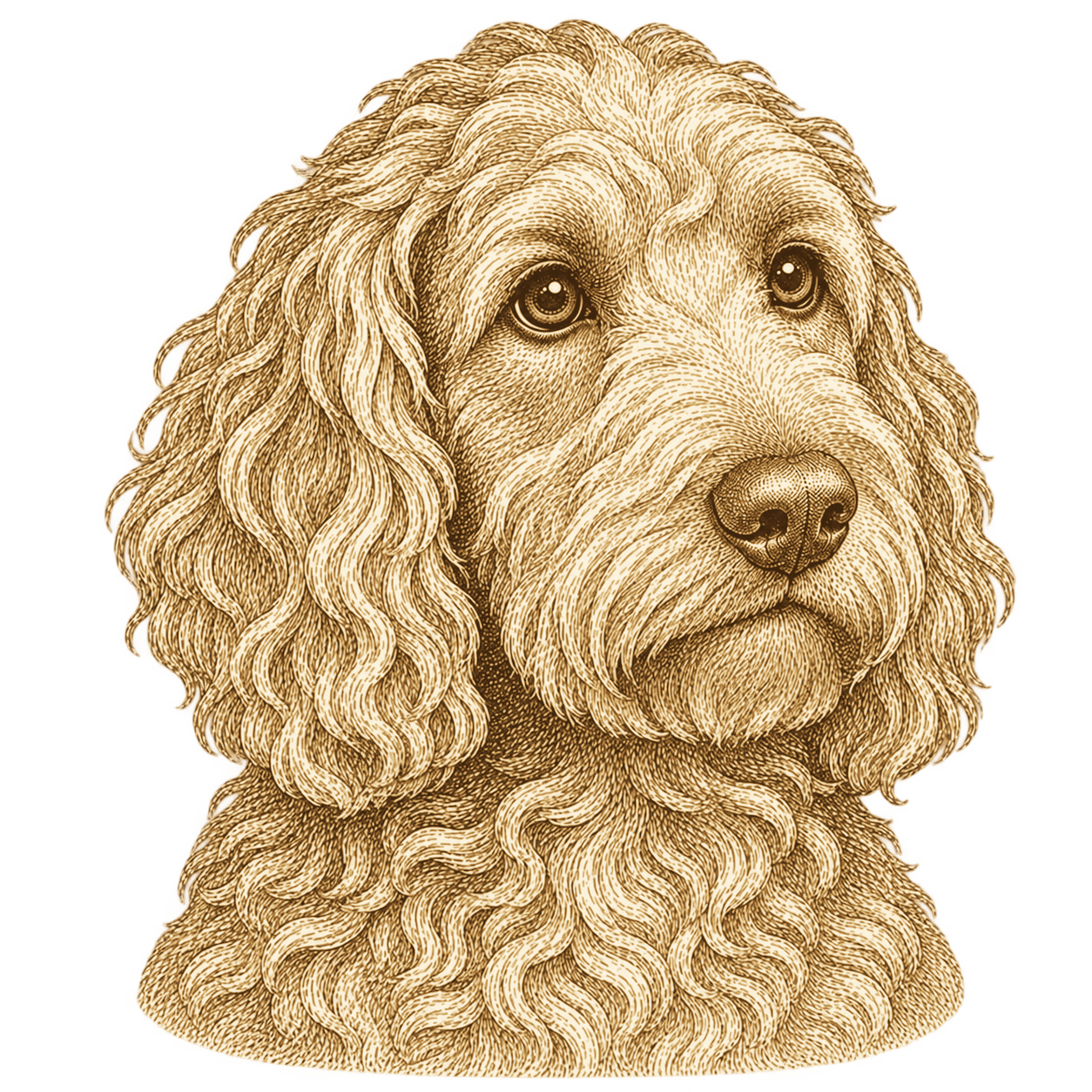 Victorian engraving style illustration of a labradoodle head for Pupmeister labradoodle temperament and training breed guide