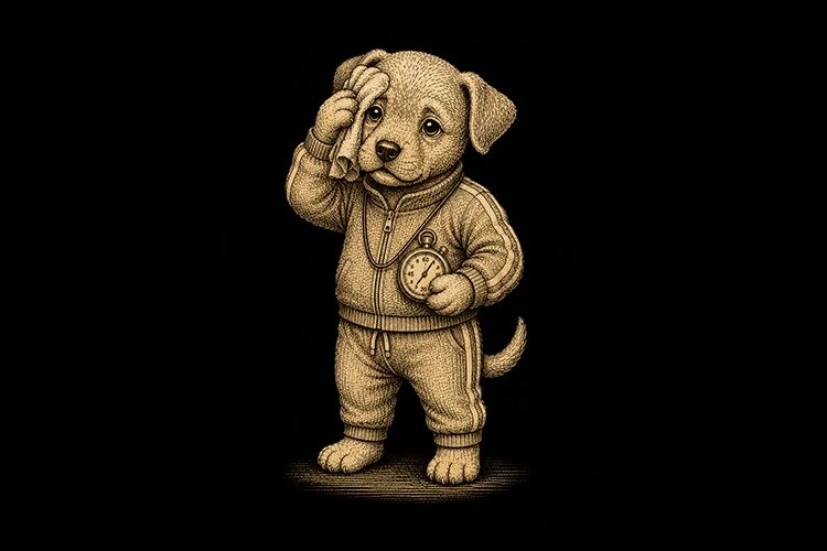Victorian engraving style of a puppy in a retro tracksuit holding a stopwatch and mopping its brow to illustrate the blog idea of walking your puppy for too long