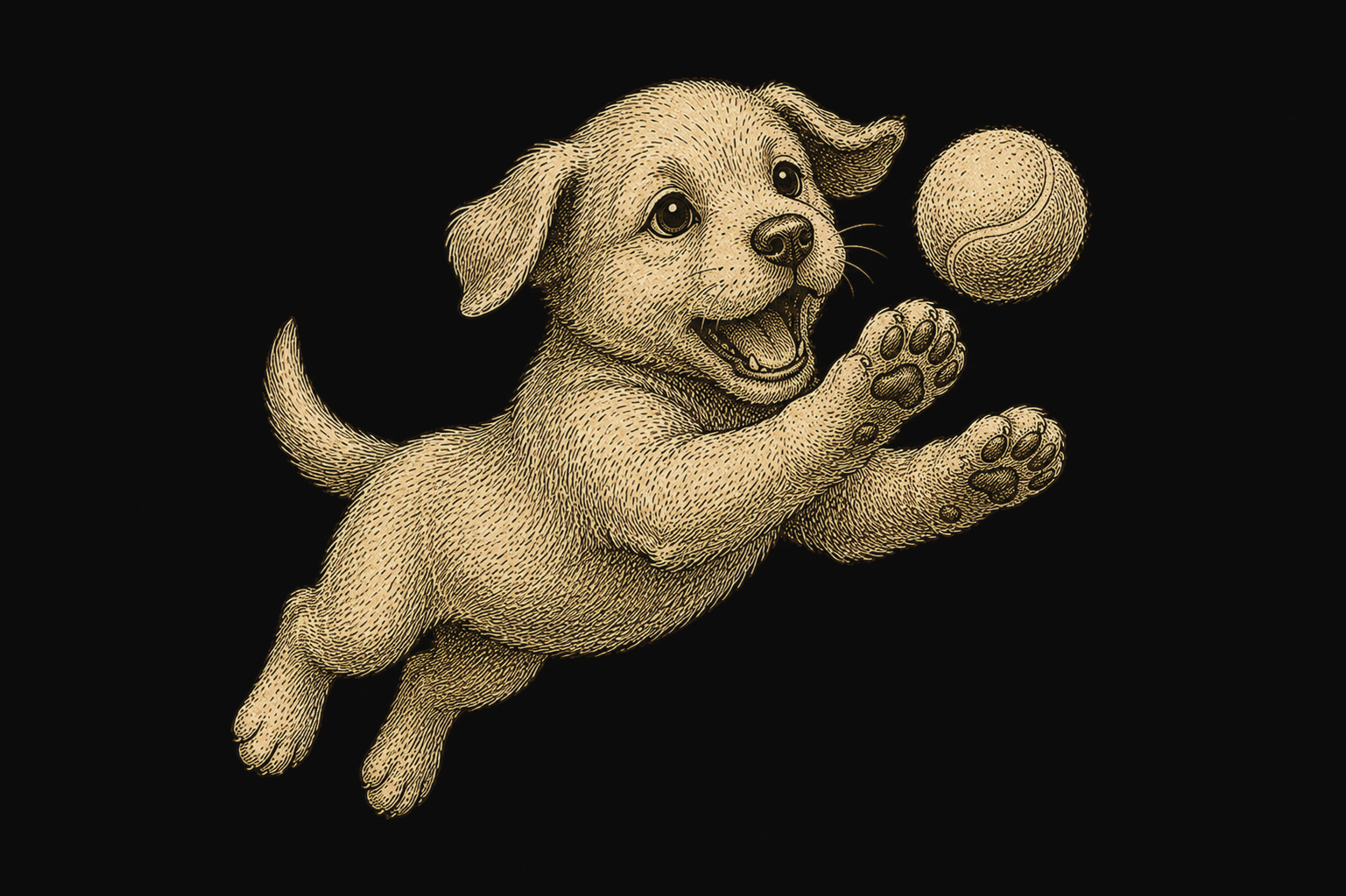 Engraving style illustration of a puppy playing with a tennis ball