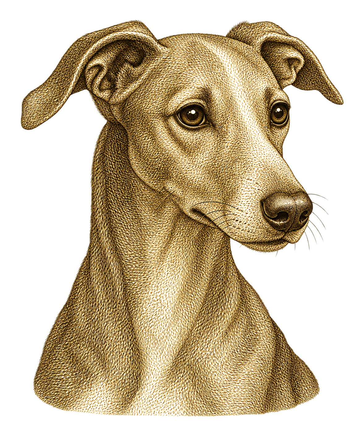 Victorian engraving style illustration if a whippet head for Pupmeister Whippet temperament and training breed guide