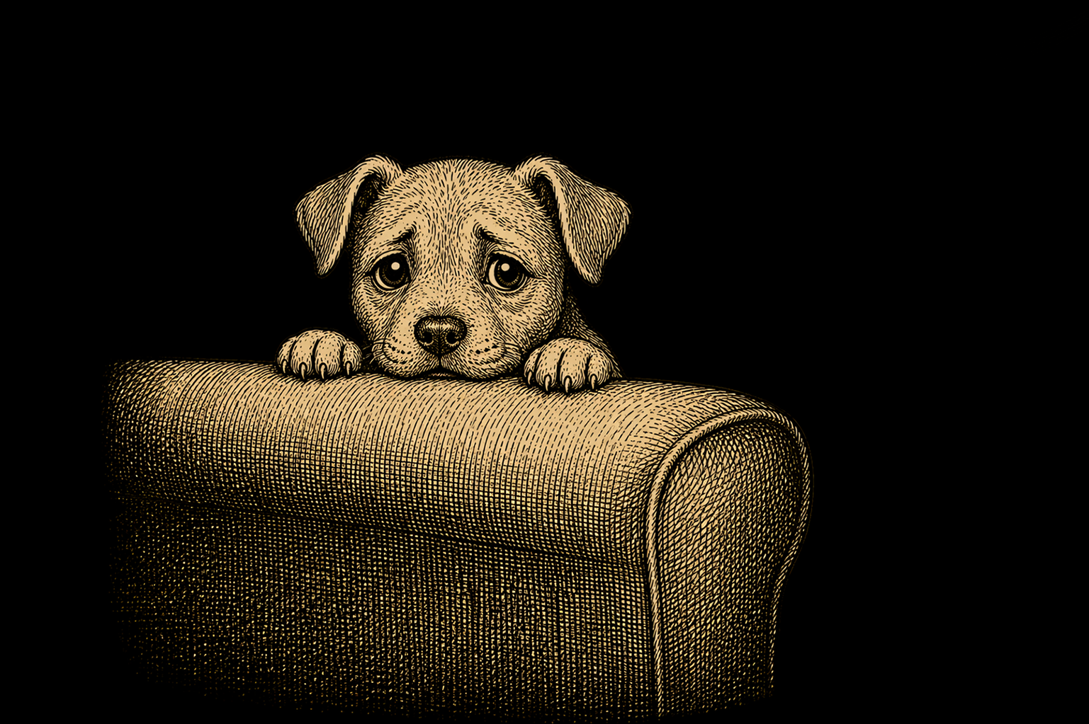 Illustrated puppy peeking nervously over the back of a sofa, vintage engraving style — Pupmeister guide to the second fear period in adolescent dogs.