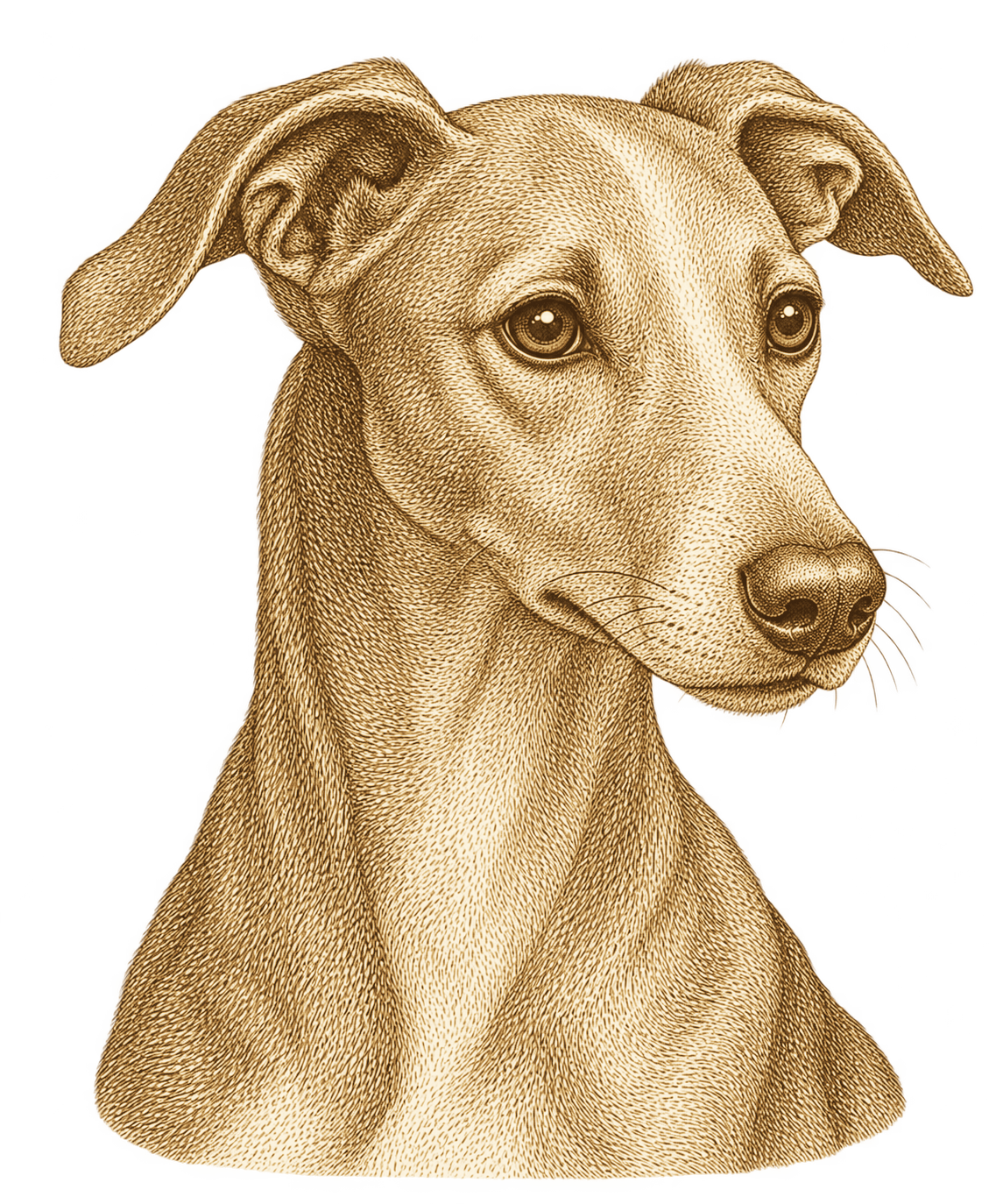 Victorian engraving style illustration if a whippet head for Pupmeister Whippet temperament and training breed guide
