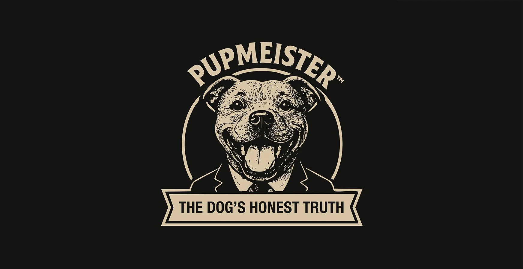Pupmeister logo featuring a smiling Staffordshire Bull Terrier in a suit with the tagline ‘The Dog’s Honest Truth’ – branding for a positive reinforcement dog training blog