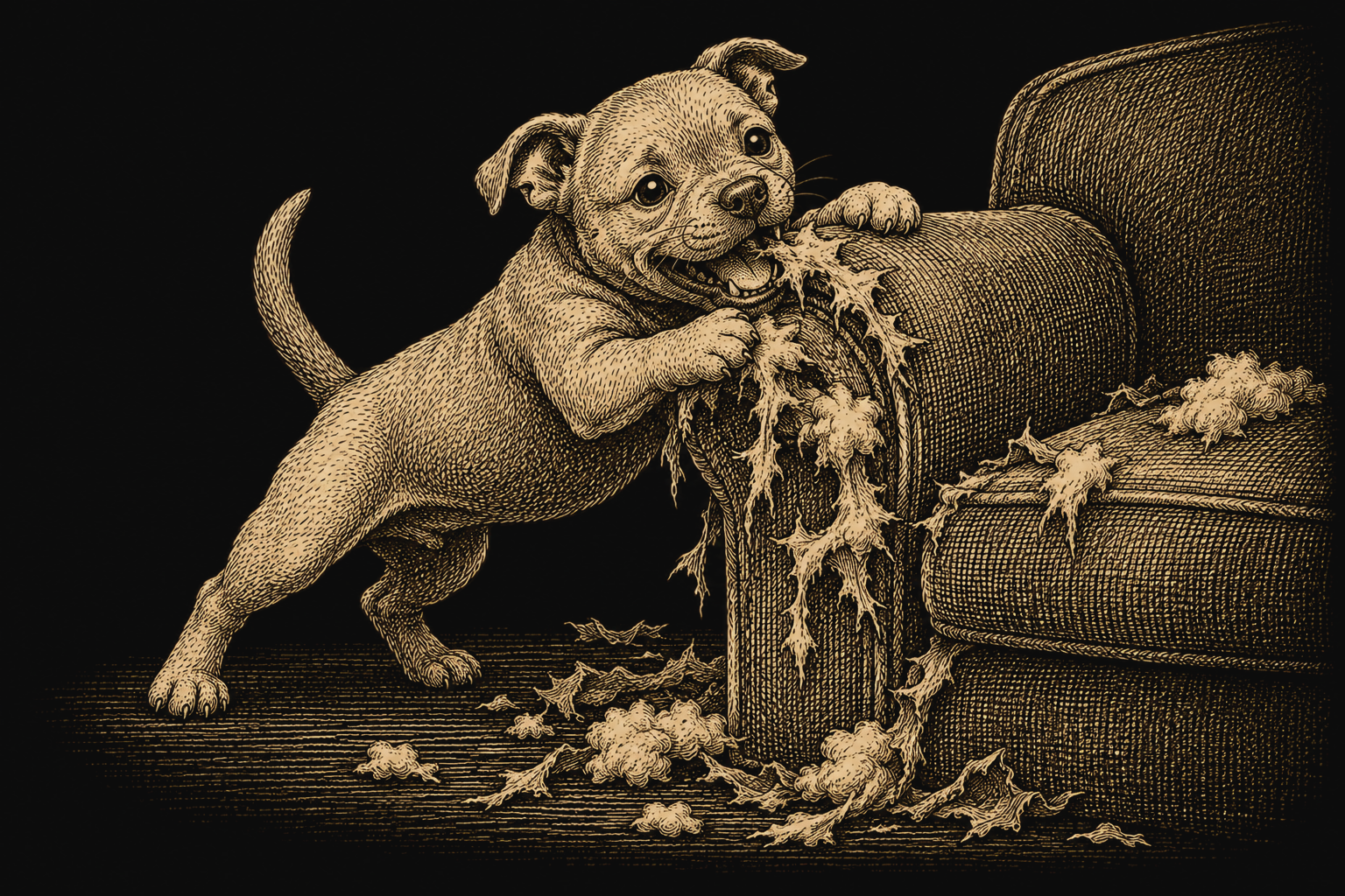 Engraving style illustration of a puppy destroying a sofa