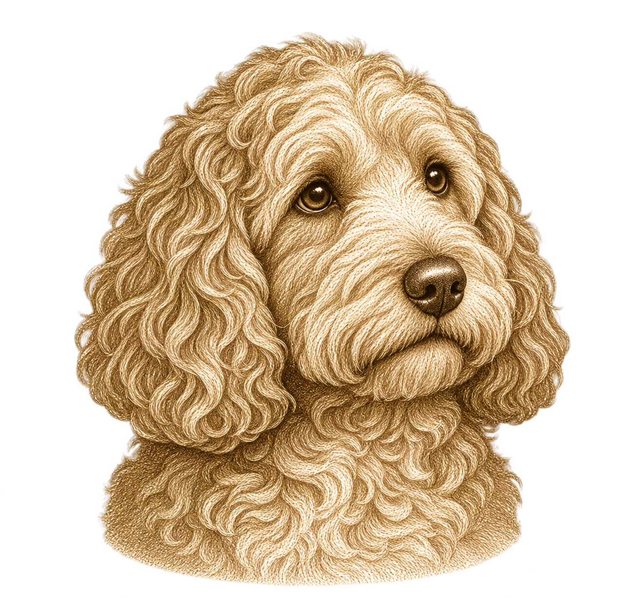 Engraved illustration of a Goldendoodle