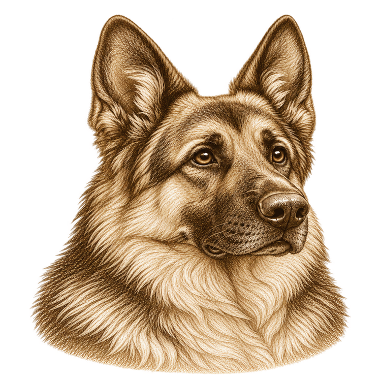 Engraving style illustration of a german shepherd