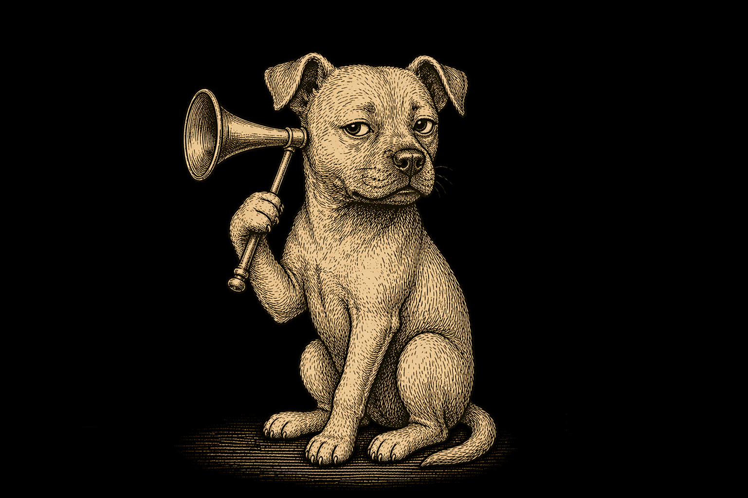 Illustrated dog holding an ear trumpet while looking unimpressed, vintage engraving style — Pupmeister guide to recall problems in adolescent dogs.