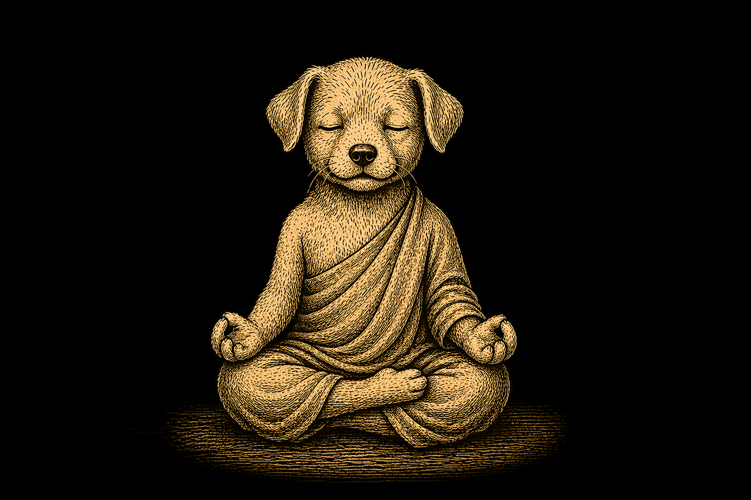 Illustrated puppy meditating in lotus position wearing prayer beads, vintage engraving style — Pupmeister myth-busting guide on dogs and energy