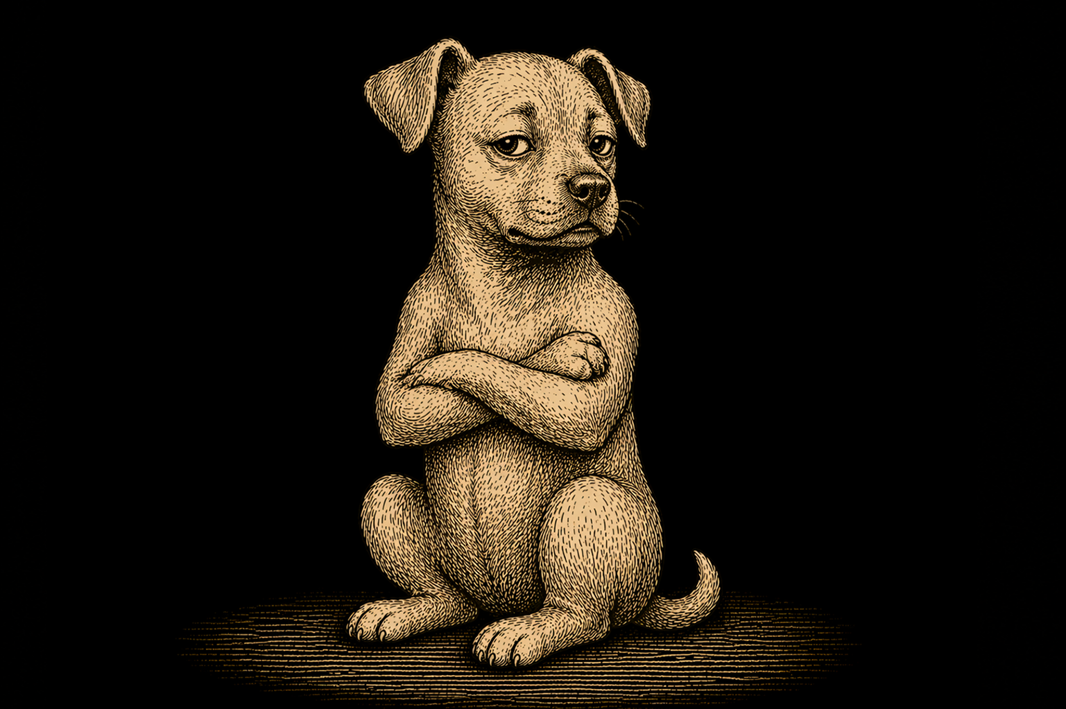 Illustrated puppy sitting with arms crossed and a sulky, defiant expression, vintage engraving style — Pupmeister on what 'stubborn' really means in dogs