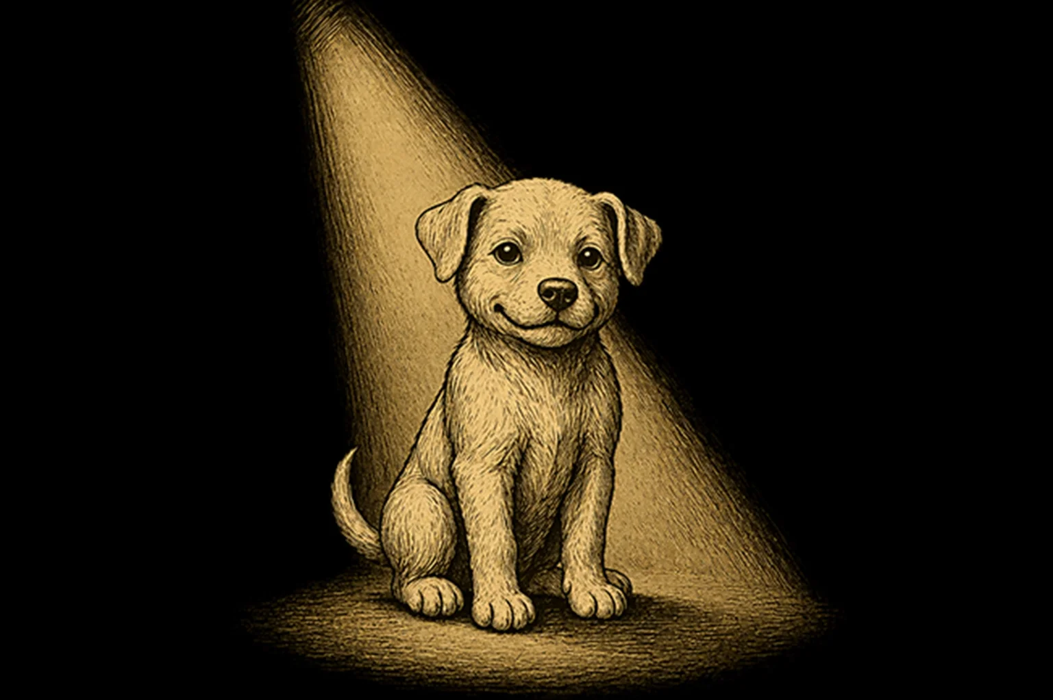 Illustrated Border Collie puppy sitting in a spotlight, in the style of a vintage engraving — Pupmeister breed spotlight cover image.