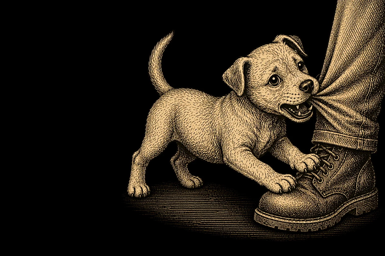 Illustrated puppy biting the ankle of a person's boot, vintage engraving style - Pupmeister puppy biting guide