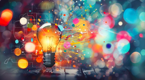 Ampoule électrique illuminée avec des effets lumineux colorés et des formes abstraites en arrière-plan.