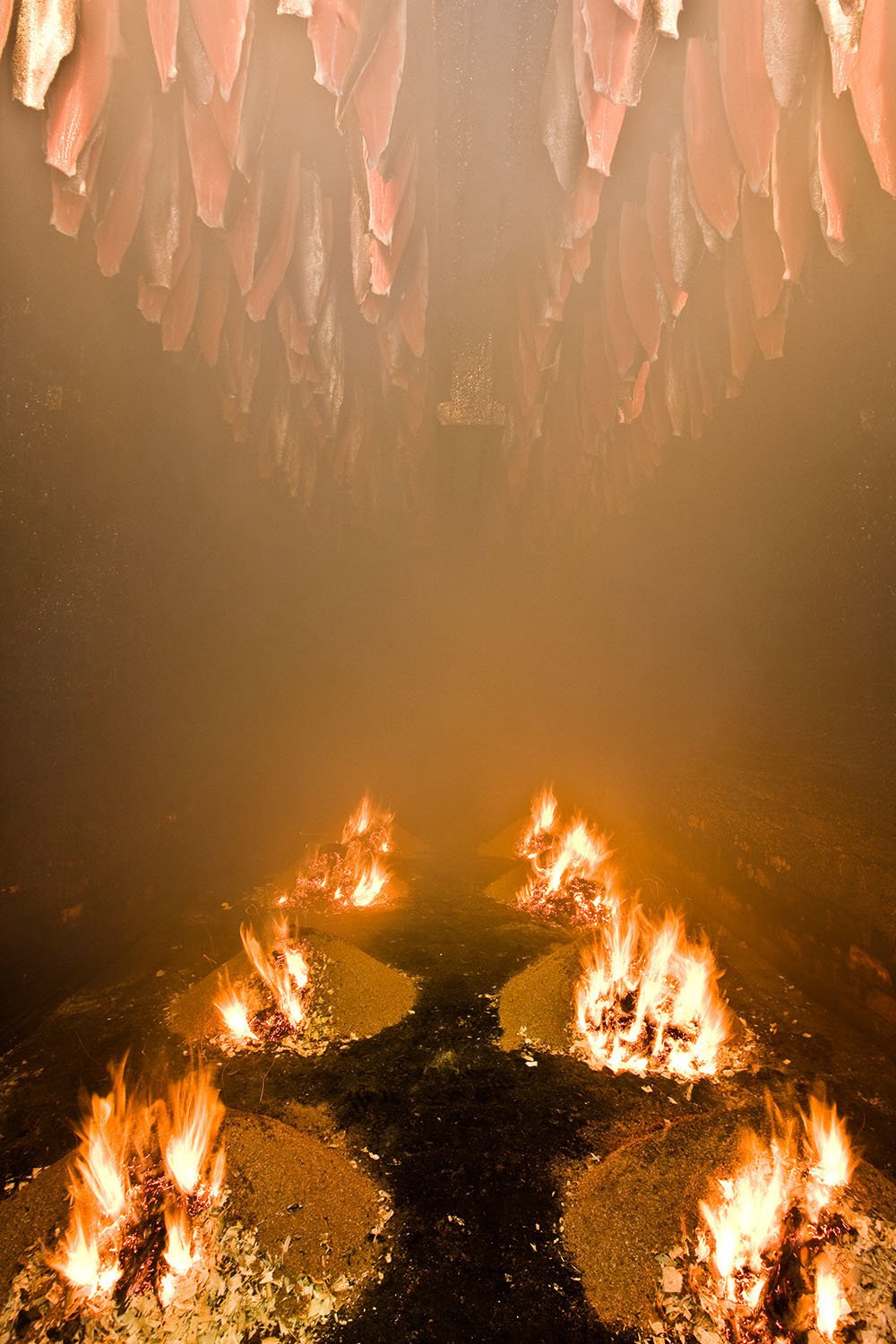 A salmon smokehouse with hanging slices of raw fish at the top and flames burning on the stove below.
