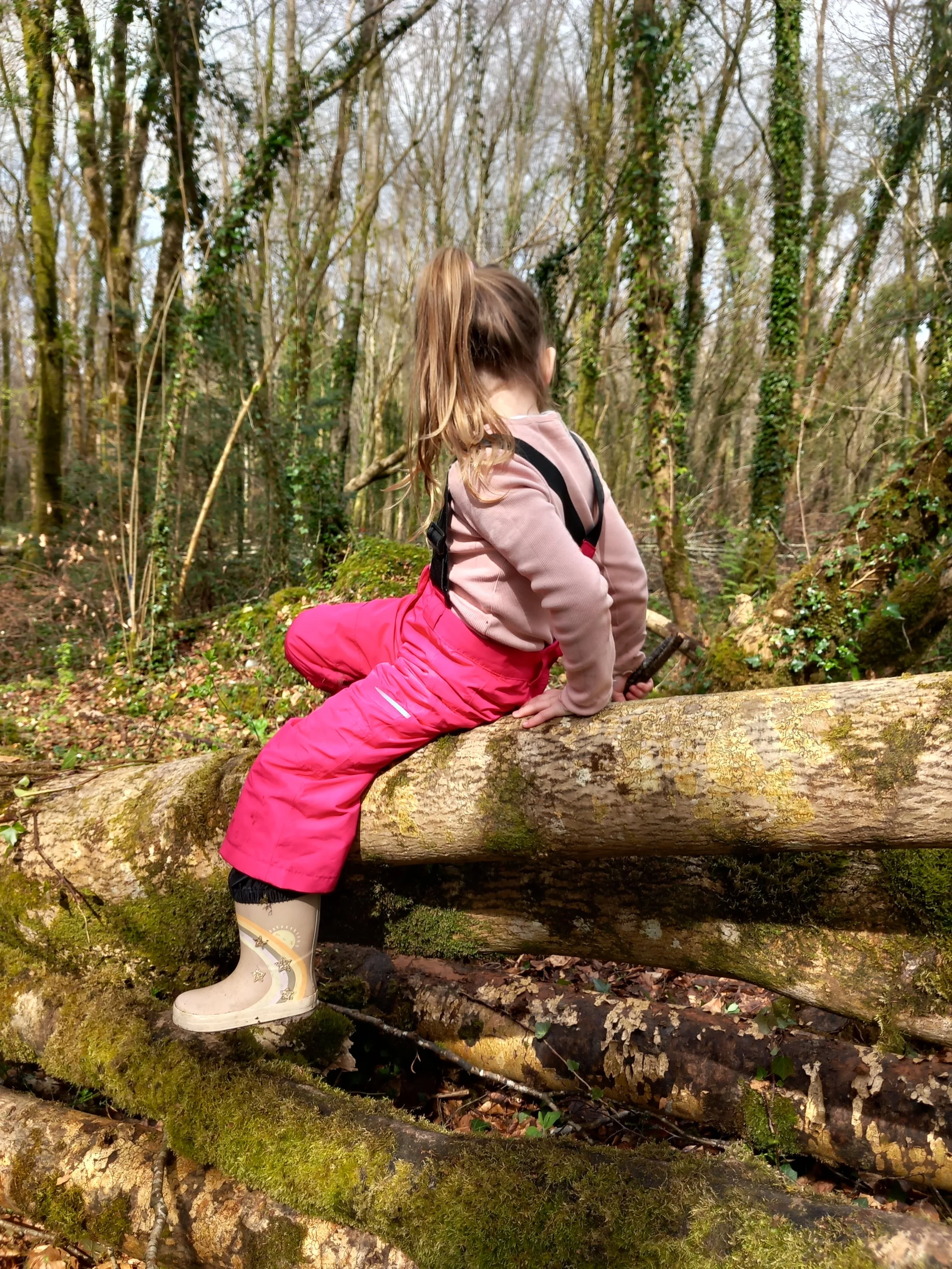 A young girl with long hair in a ponytail, wearing a pink jacket, red pants, and rain boots, sitting on a fallen tree in a forest surrounded by trees and greenery.