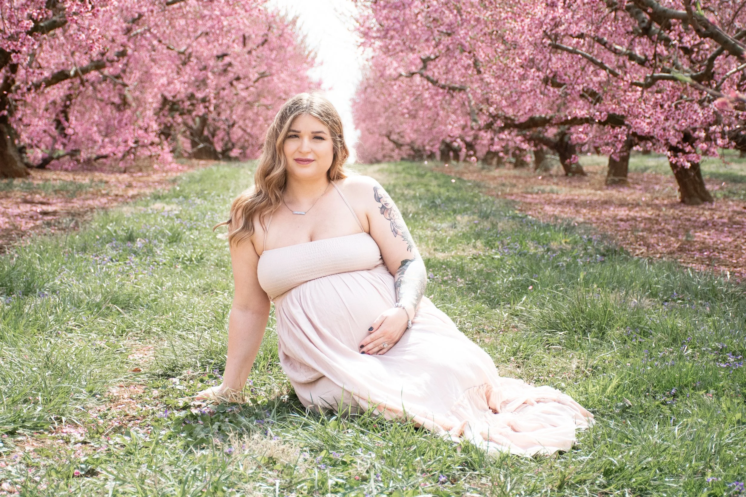 A woman who is expecting, sitting sideways in a grassy field with pink cherry blossom trees surrounding her in a row in the springtime.