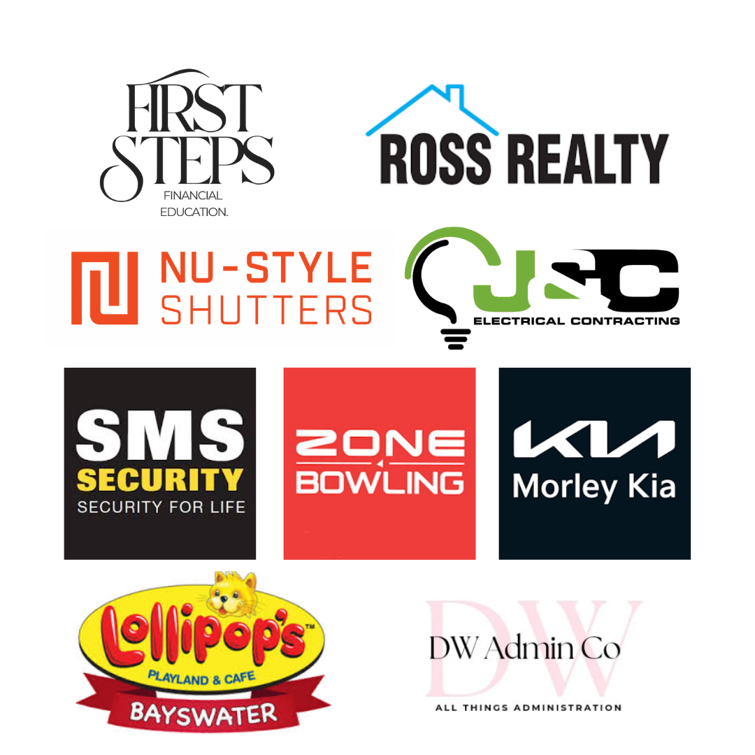 Collection of various business logos including First Steps Financial Education, Ross Realty, Nu-Style Shutters, J&C Electrical Contracting, SMS Security, Zone Bowling, Morley Kia, Lollipop's Bayswater Playland and Cafe, and DW Admin Co.