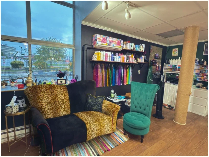 Interior of a store or salon with black walls and wood flooring, featuring a mix of colorful and animal print furniture, shelves with various products, a large window, and a chalkboard.