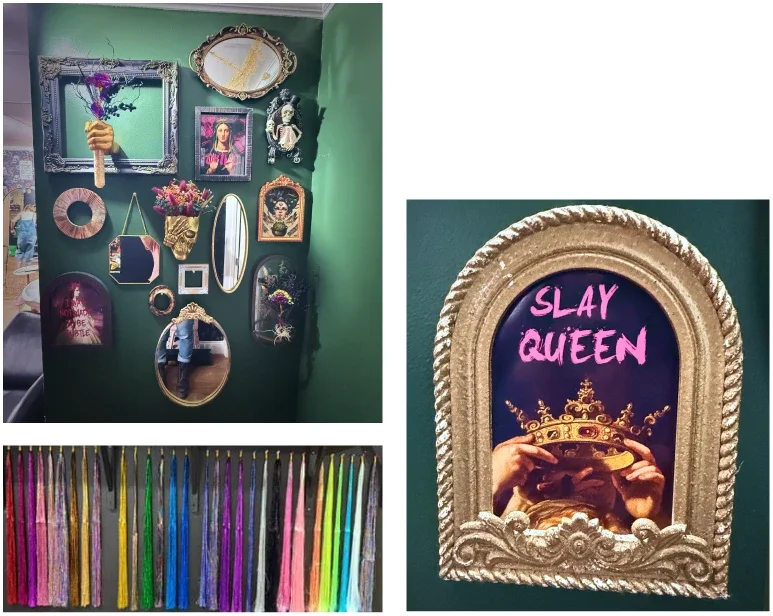 Decorative wall with various mirrors, framed artwork, and floral arrangements; colorful ribbons hanging in front; mirror with neon text 'SLAY QUEEN' and a person holding a crown.