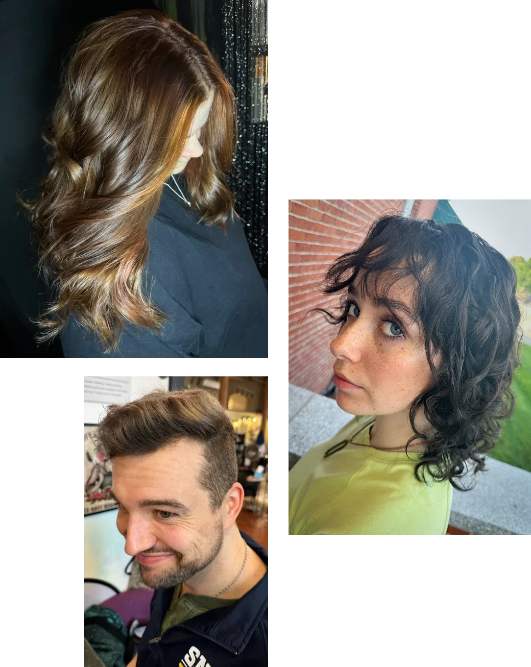 Compilation of three portrait photos of young adults with hairstyles. Top left: a woman with long, wavy, auburn hair. Top right: a woman with short, curly, dark hair and blue eyes. Bottom left: a man with short, styled, brown hair and a beard.