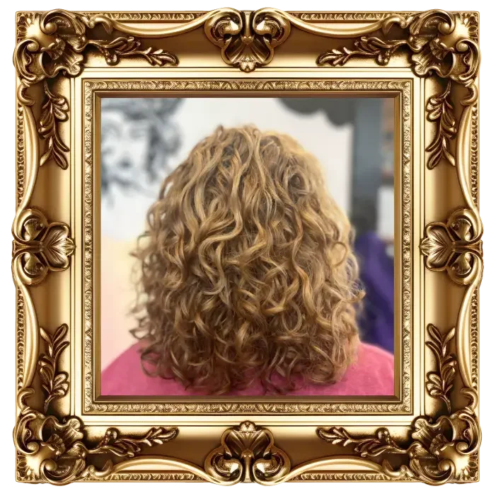Back view of a person with blonde, curly hair. The person is framed by an ornate, gold decorative picture frame.